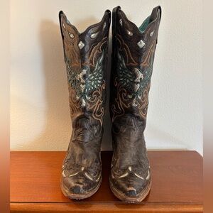 Intricate Black and Brown Embroidered Heeled Boots